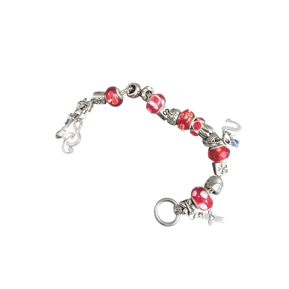 Red & Silver Charm Bracelet With Glass Beads & Metal Charms Adjustable Length